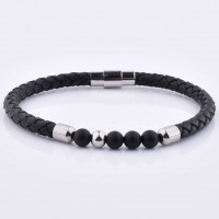 Ruigang Unique Mens Bracelets Men Silver Leather Punk 6mm Gemstone Bead Bracelet