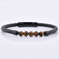 Ruigang Leather Wrap Stainless Steel Charm Tiger Eye Stone Bead Lock Clasp Bracelet