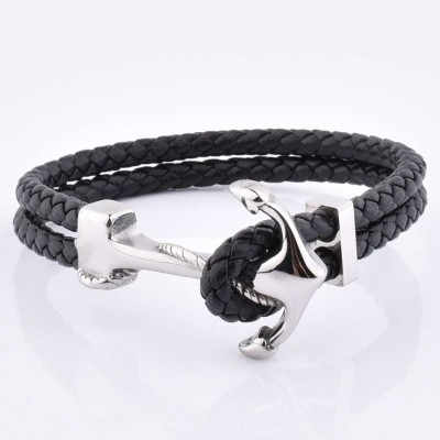 Punk Style Silver Anchor Braided Black Genuine Leather Bracelet For Men