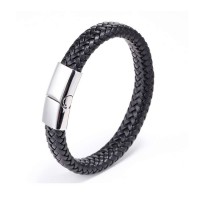 Wholesale hip hop punk magnect clasp stainless steel men leather bracelet