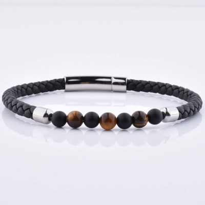 Mens Customized Black Leather Cuff Stainless Steel Clasp Natural Stone Bracelet