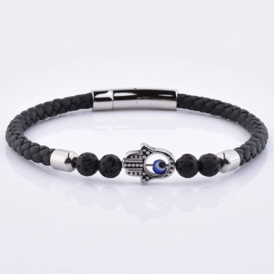 Stainless Steel Hamsa Hand Charm Onyx Beads Black Genuine Braided Leather Bracelet