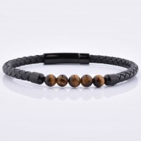 Brand New Leather Wrap Stainless Steel Charm Tiger Eye Stone Bead Lock Clasp Bracelet