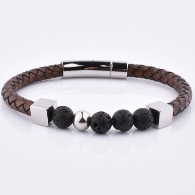 Famous Brand Stylish Design Men Luxury Leather Genuine Leather Bead Bracelet