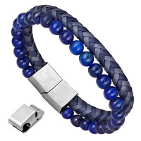 New Product High Quality Blue Leather Lapis Lazuli Gemstone Bracelet With Adjustable Brushed Clasp