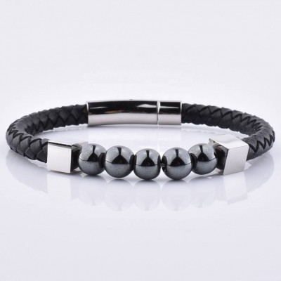 Wholesale 6mm Natural Hematite Stone Charm Black Vintage Leather Bracelet For Men