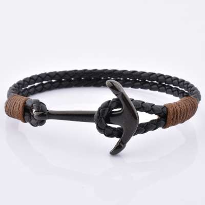 Handmade Stainless Steel Anchor Black Leather Bracelets Personalized For Girls